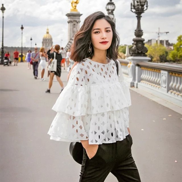 Fashion New women elegant white Lace Hollow Out short Blouse casual Ruffle Circle shirts O-neck sleeve brand tops