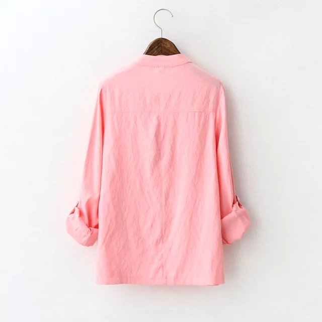 Fashion Office Lady pink Blouse for women Elegant Casual cotton shirts V-neck button pocket long sleeve brand quality Tops