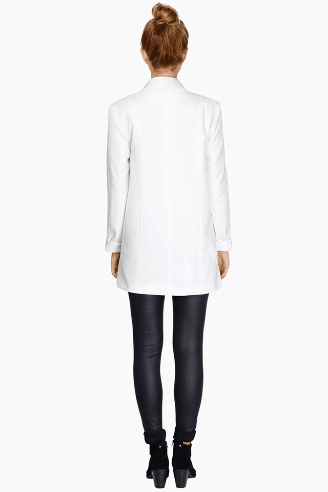 Fashion office lady white long sleeve pocket button long blazer for women work wear long sleeve jacket casual brand female
