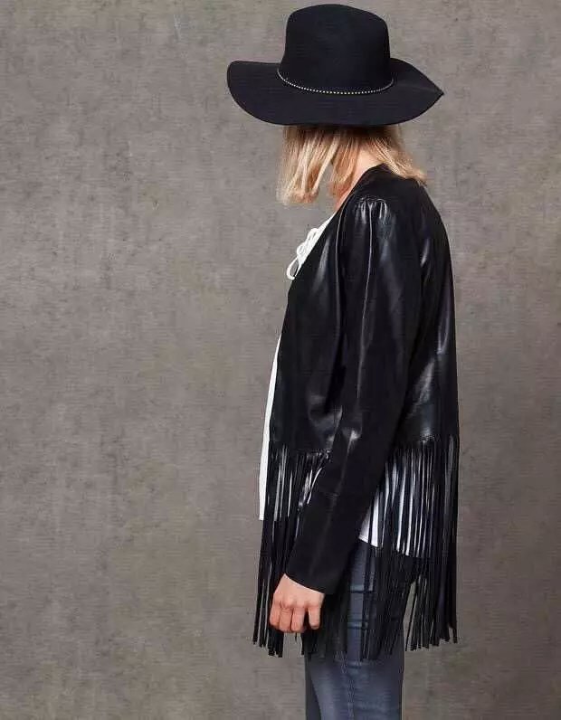 Fashion Punk Style Autumn Women elegant black fringe tassel PU faux leather jacket vintage outwear casual brand