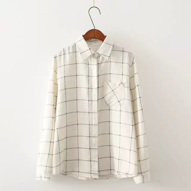 Fashion winter Women cotton Linen Plaid Print Blouse Turn-Down Collar pocket button long sleeve Shirts Casual Brand female