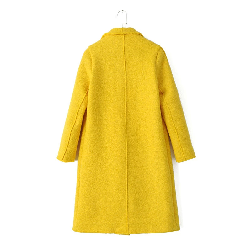 Fashion Winter Women Female Pockets yellow Woolen Long Sleeve pocket coat turn-down collar thick warm Brand plus size