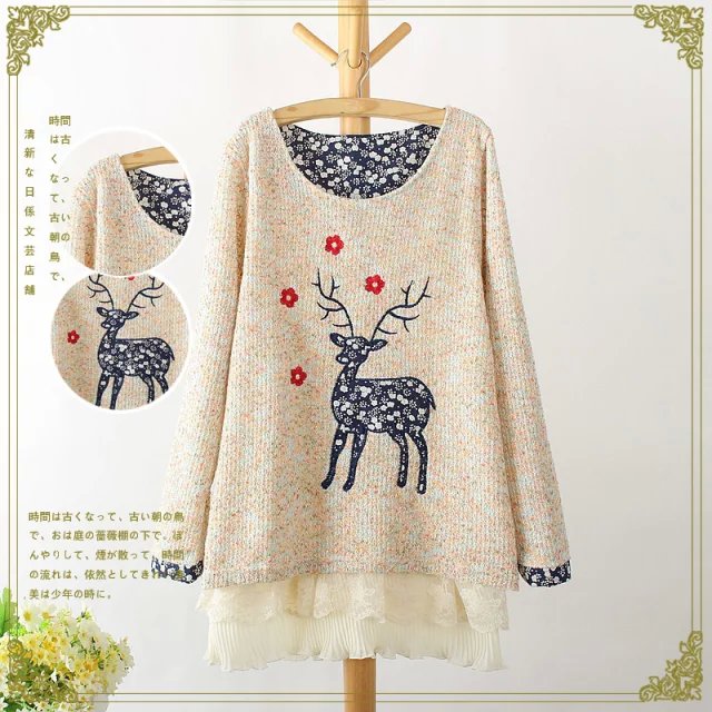 Fashion winter Women sweet knitted Colored yarn deer Embroidery chiffon lace patchwork pleated Long sleeve casual Dress