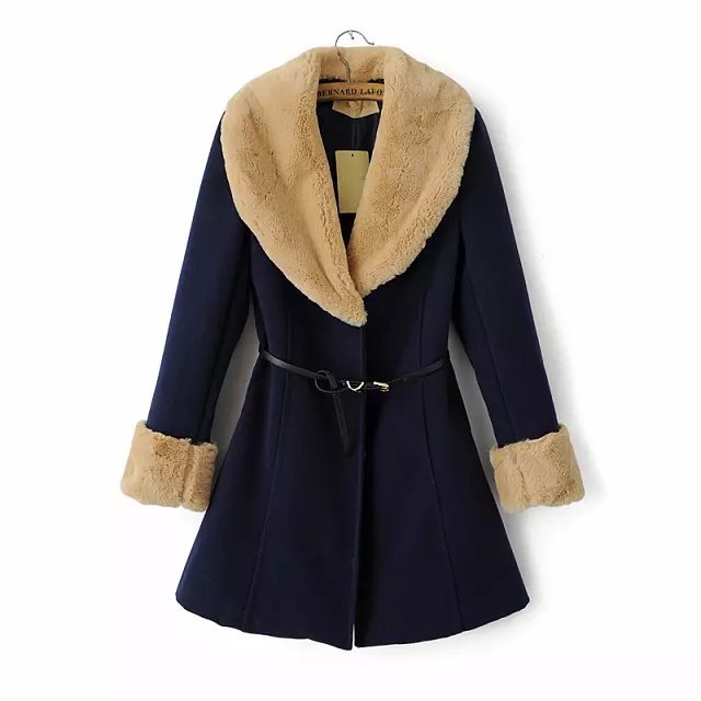 Fashion Winter Women Thick Coat With Belt Woolen Button Long Sleeve Fur Collar Brand Warm Lady Outwear