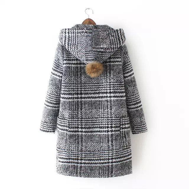 Fashion winter women thick warm Plaid print pocket button long coats long sleeve Woolen fur ball hooded casual brand