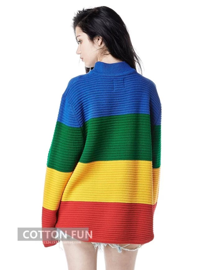 Fashion women American style color striped pattern pullover knitwear Casual loose stretch long sleeve knitted sweater brand