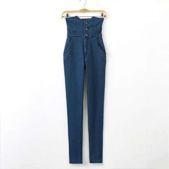 Fashion women American style Stretch Jeans skinny Blue Denim button high waist pocket pencil pants casual brand plus size