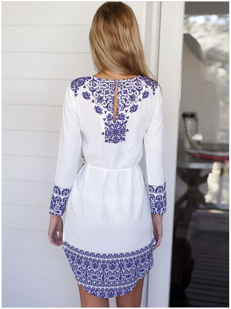 Fashion Women blue and white porcelain Print With Belt Dresses long Sleeve O-neck back button mini Casual brand