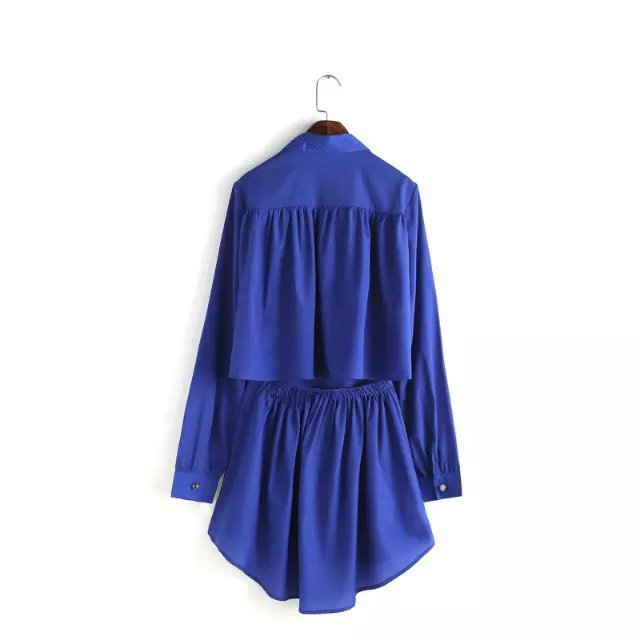Fashion Women Blue Long Shirt Dresses Backless Vintage Turn Down Collar Long Sleeve Casual Brand Loose vestidos