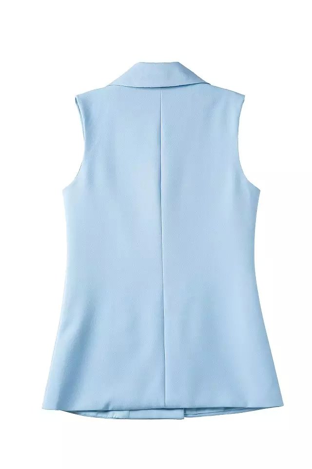 Fashion Women Blue vests jacket elegant office lady pocket coat sleeveless casual brand WaistCoat colete feminino