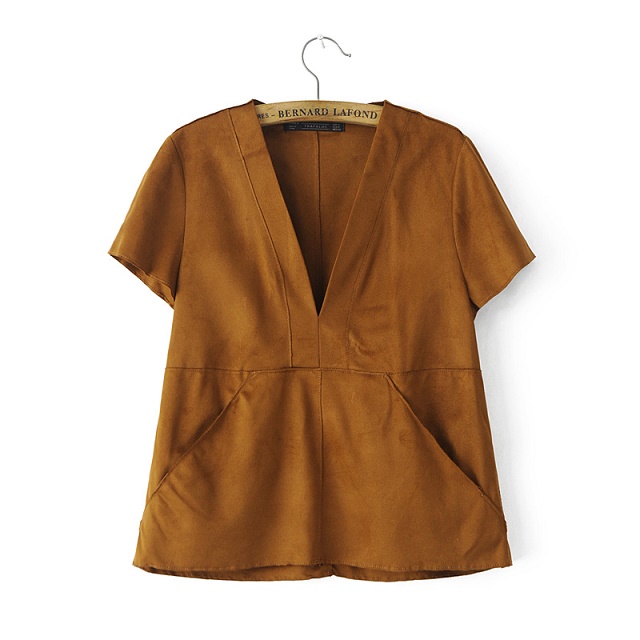 Fashion Women brown Faux Suede Leather Blouse short Sleeve V-neck pocket Casual brand Vintage shirts blusa feminina tops