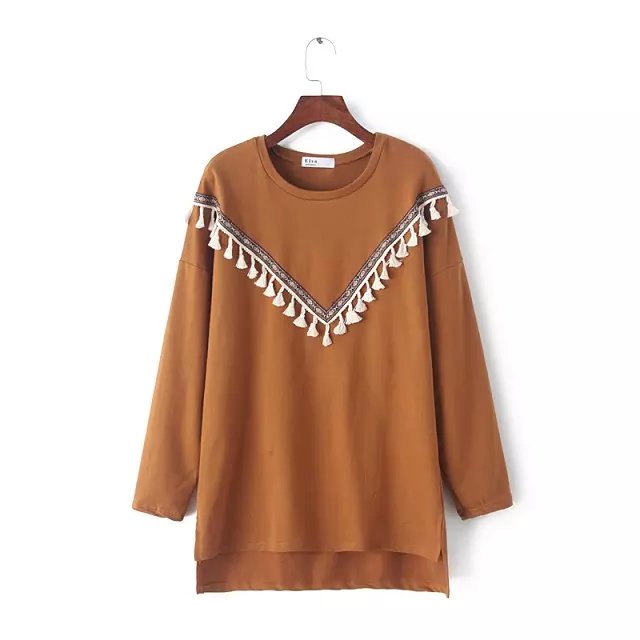 Fashion Women brown Geometric Embroidery tassel pullover Casual batwing sleeve O-neck hoodies sweatershirts brand Tops