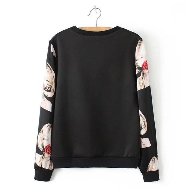 Fashion Women Character Rose print sport O Neck black pullovers female Casual long Sleeve brand sweatshirts Tops feminino