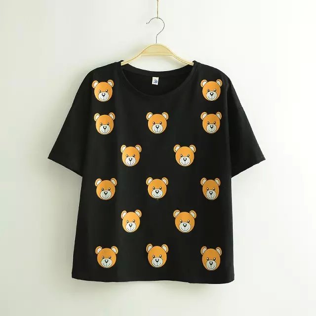 Fashion Women cute cotton bear Print black T-shirt O-Neck Short Sleeve streetwear Shirts Casual brand Tops