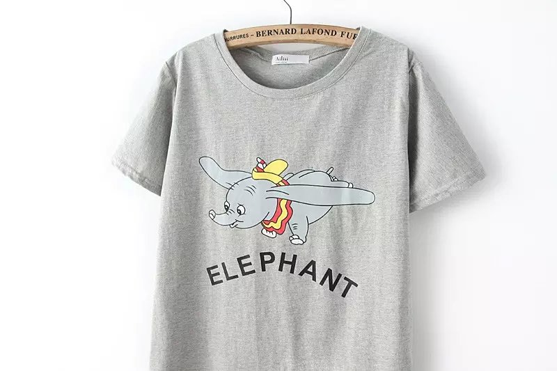 Fashion Women cute Elephant print O-neck Short Sleeve gray cotton long T-Shirts Casual Brand Tops
