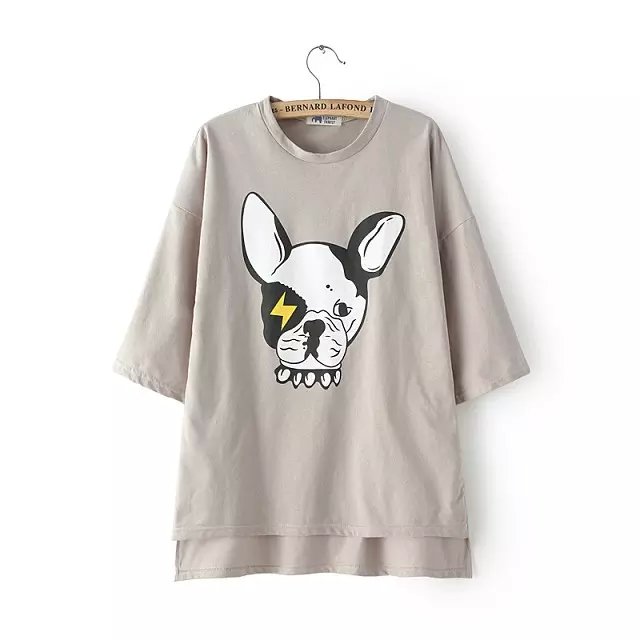 Fashion women cute gray cotton dog print O-Neck T-shirts Outerwear casual shirt Three Quarter sleeve loose Brand Tops