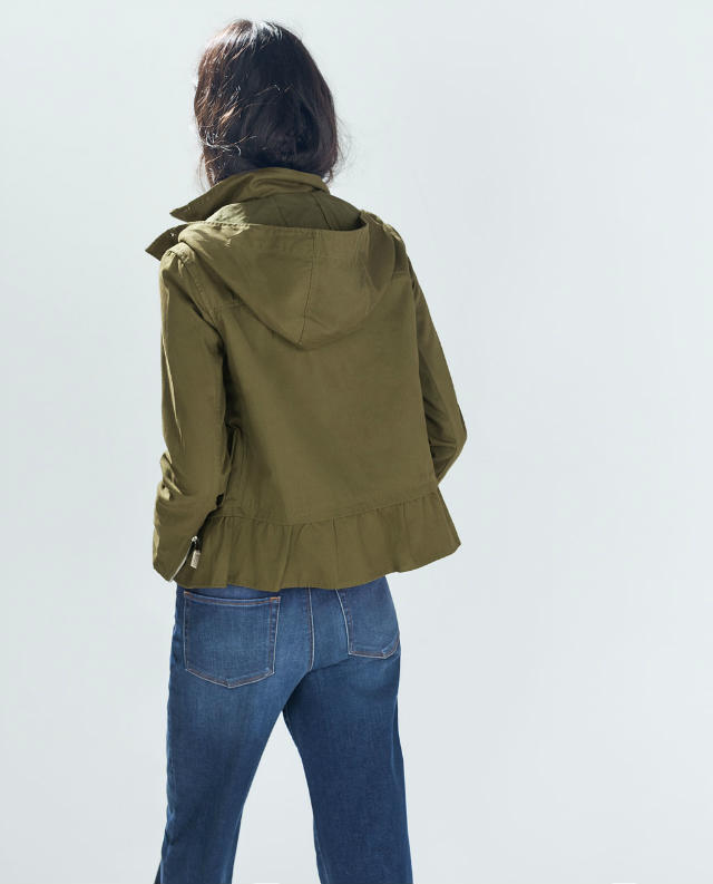 Fashion women elegant Autumn Green ruffle zipper hooded Jacket casual long sleeve pocket brand female