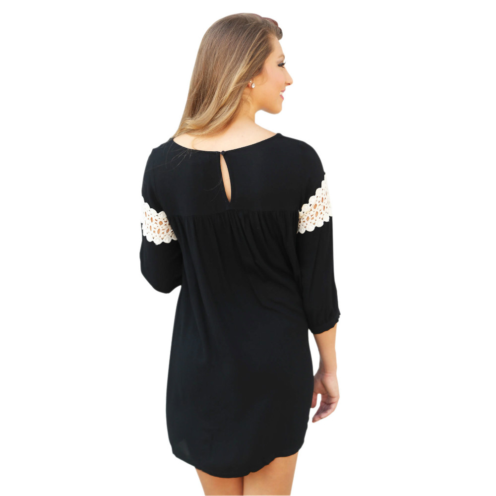 Fashion Women Elegant black Lace patchwork hollow out mini Straight Dress Three Quarter Sleeve Plus size casual brand