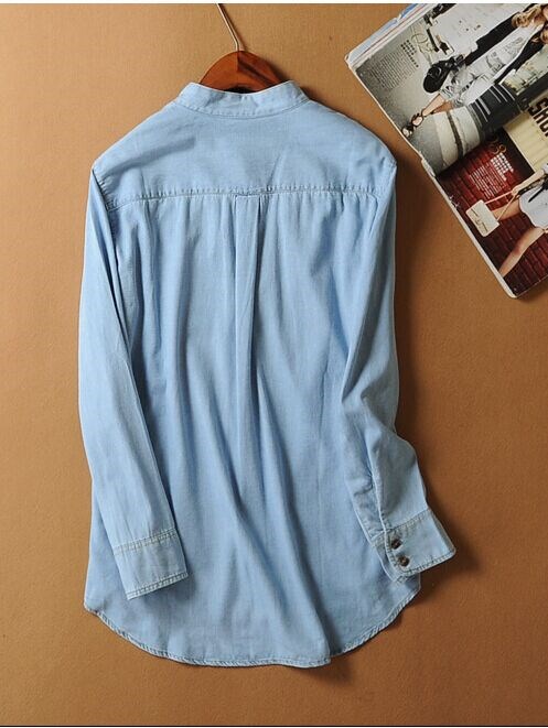 Fashion women elegant blue Denim stand collar pocket shirt blouse Vintage long sleeve button casual brand female