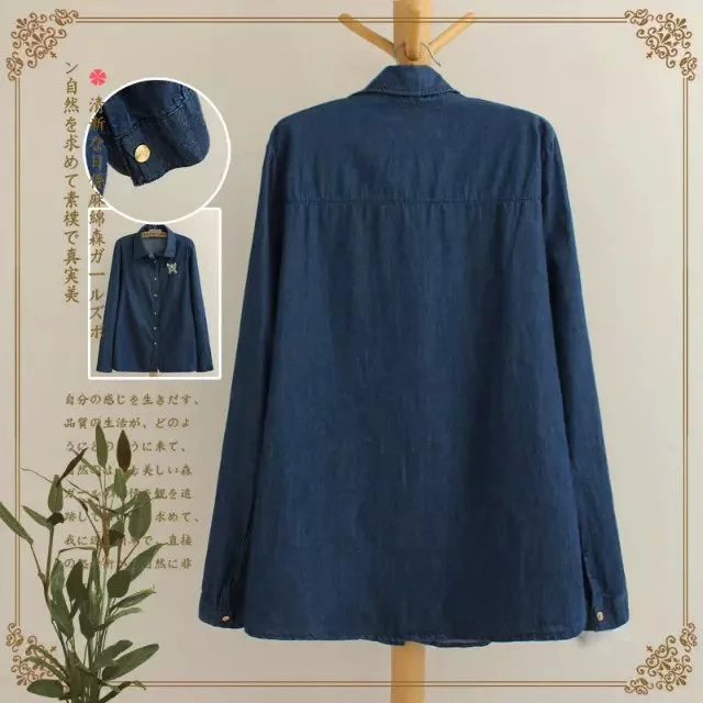 Fashion Women elegant cat Embroidery blue Denim shirt blouse Button Turn-down collar long sleeve casual Plus size shirts
