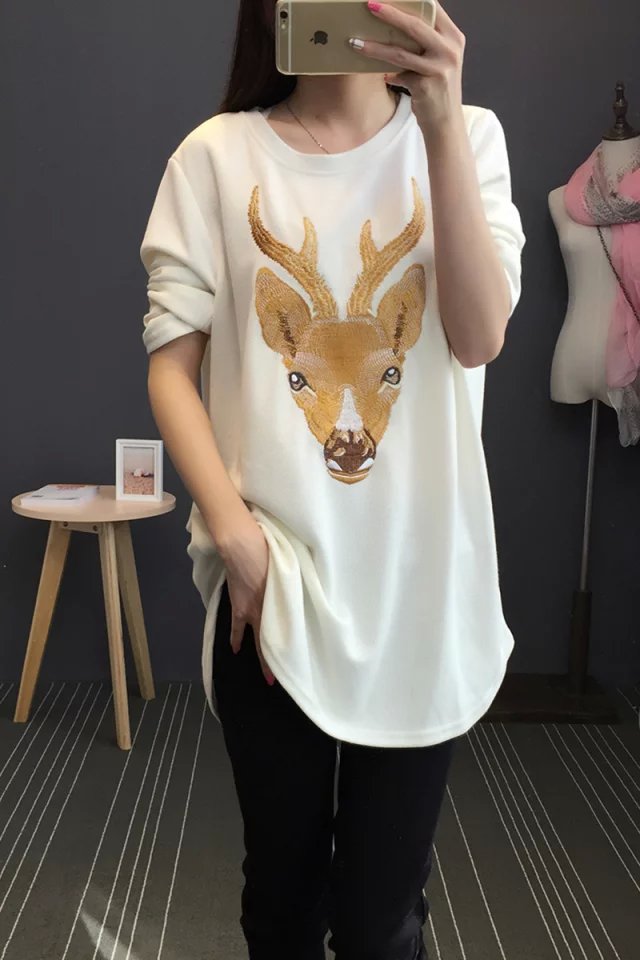 Fashion women elegant Deer Embroidery long pullover sweatshirts Casual O-neck long Sleeve shirts brand Tops