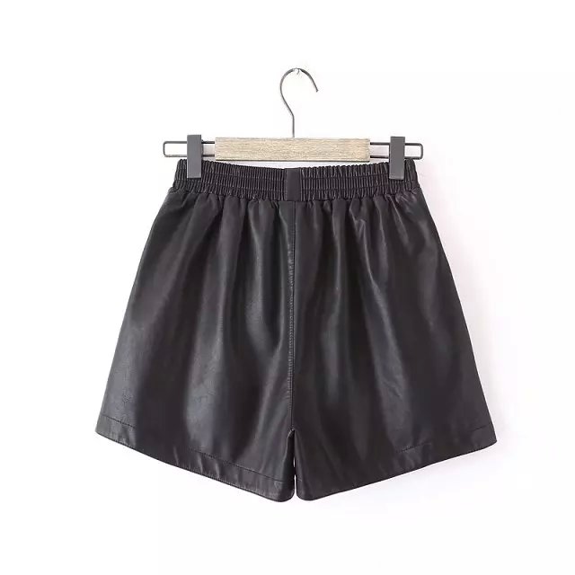 Fashion women elegant Faux leather black shorts elastic waist pockets causal brand shorts
