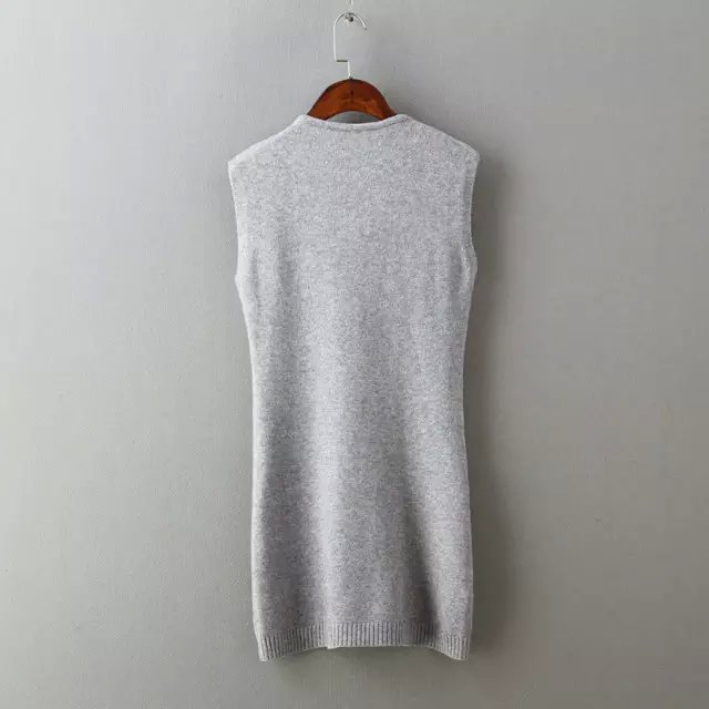 Fashion Women Elegant gray knitted pearl mini Dress O-neck sleeveless casual fit brand design dress
