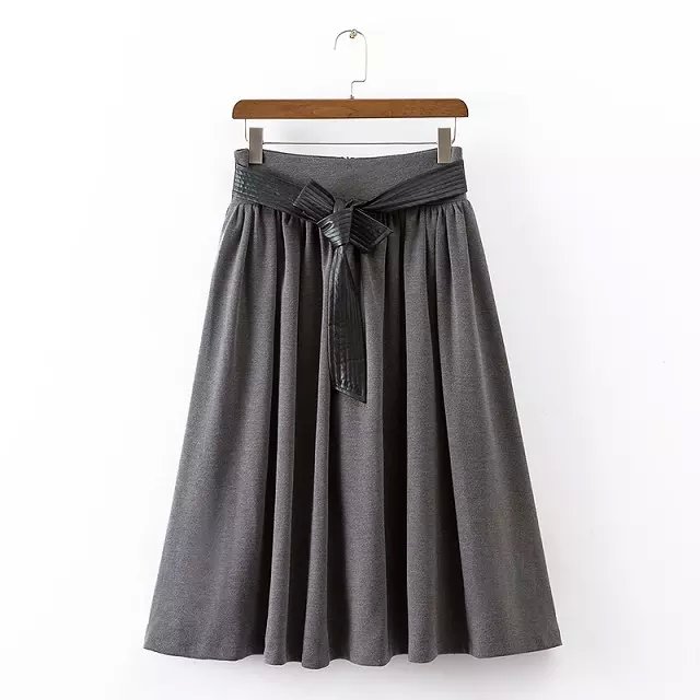 Fashion Women Elegant gray pleated Mid-Calf skirt vintage with PU leather belt high waist zipper Casual brand plus size