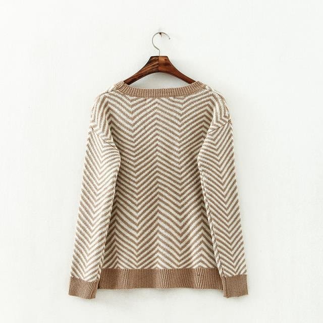Fashion women elegant Khaki wave pattern Pullover knitwear O-neck long Sleeve Casual knitted sweaters brand tops