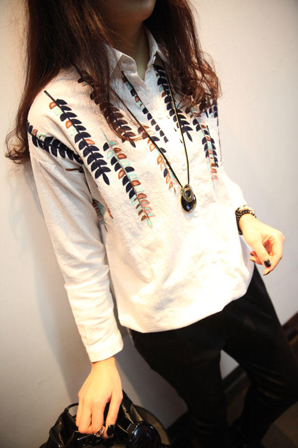 Fashion women elegant leaf embroidery white Turn-down collar buttons blouses casual brand Long Sleeve female shirts
