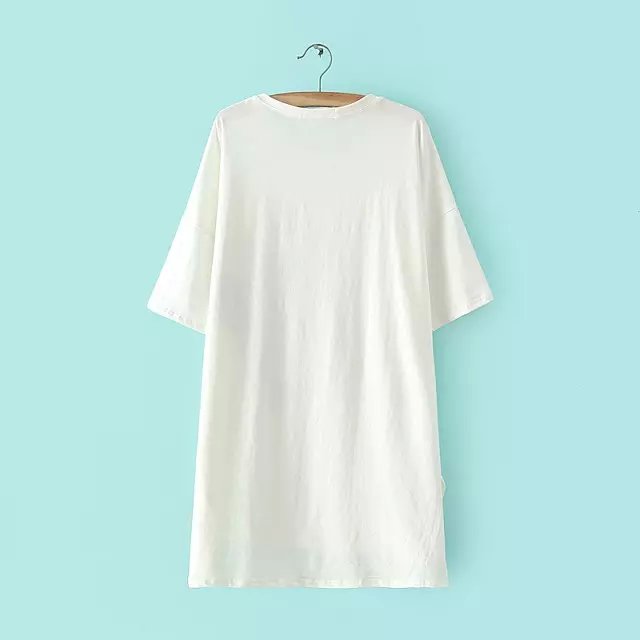 Fashion women Elegant Letter print white cotton long T-shirt O Neck Half sleeve side open Casual streetwear Brand Tops