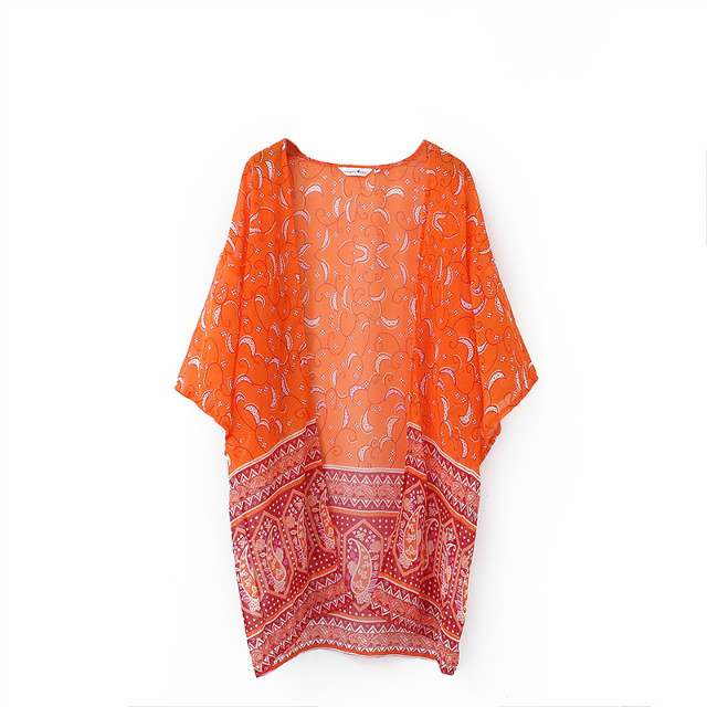 Fashion Women elegant Orange Paisley print Kimono outwear loose vintage batwing sleeve casual cardigan brand plus size