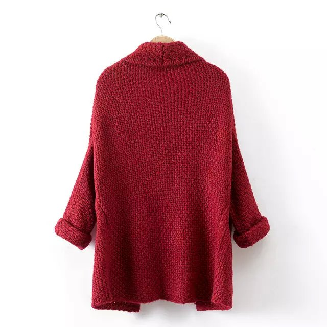 Fashion women elegant Red Knitted Turn-down collar cardigan Batwing sleeve pocket coats casual outwear sweaters brand tops