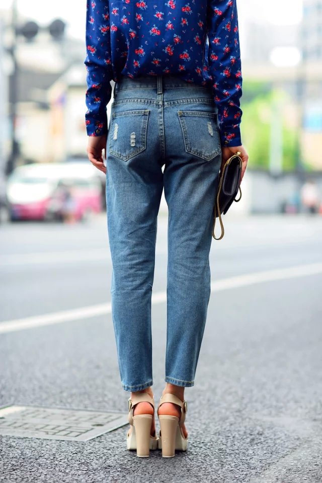 Fashion Women elegant Ripped holes zipper Denim jeans trousers pockets skinny pants casual slim brand design