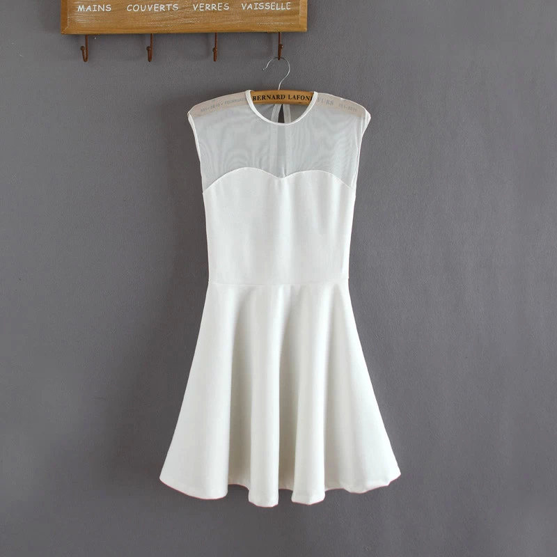 Fashion Women Elegant sexy white Back hollow out mesh patchwork mini pleated Dress sleeveless vintage casual fit brand