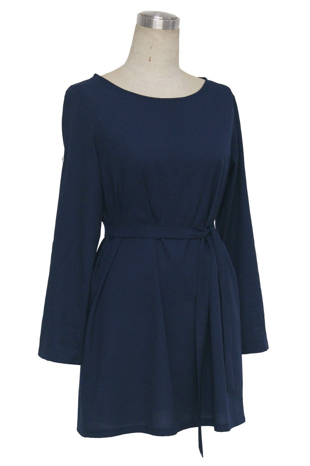 Fashion Women Elegant shirts Dresses With Belt Office Formal O-neck long Sleeve Casual Navy Blue Plus Size