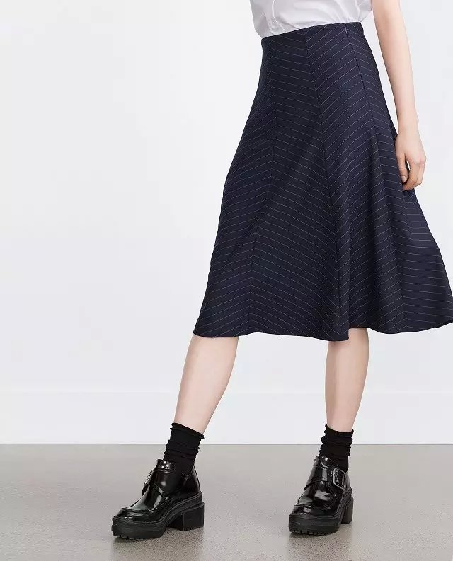 Fashion women elegant vintage blue striped print Mid-Calf pleated Skirts high waist zipper casual quality brand