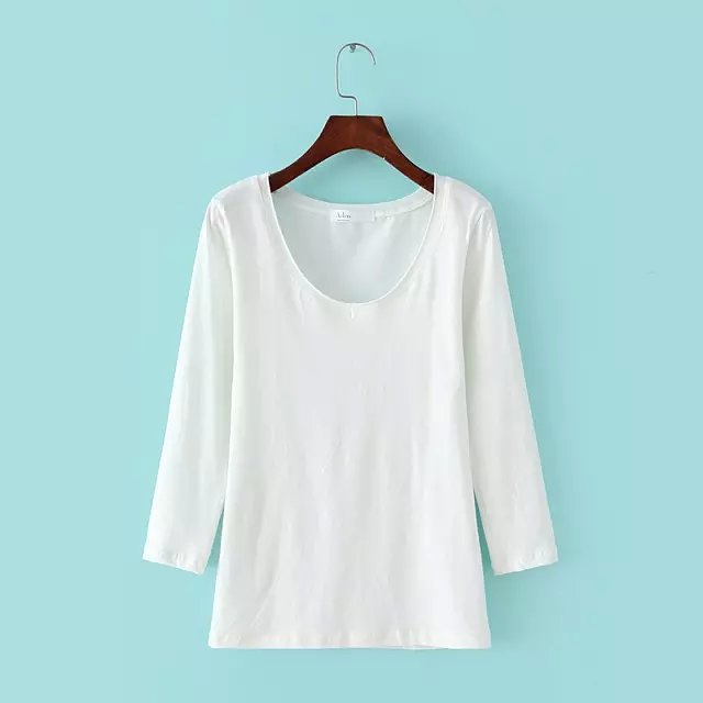 Fashion Women Elegant white cotton stretch T-shirts O-neck long sleeve casual fit Basic Street Wear brand tops