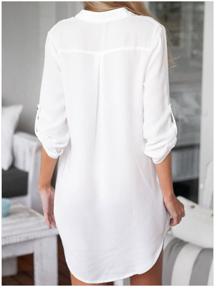 Fashion women Elegant white long blouses three quarter sleeve pocket V-neck shirts casual tops