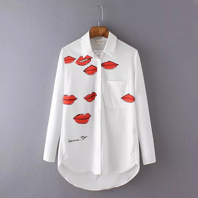 Fashion Women elegant White mouth print blouses pocket long sleeve button turn-down collar shirts casual brand tops
