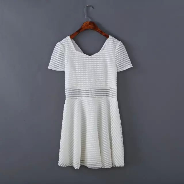 Fashion Women Elegant White Organza Stripe back Zipper dress backless Square Collar Short Sleeve fit Dresses