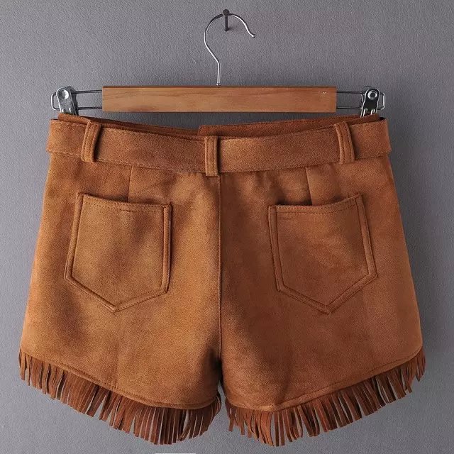 Fashion Women Elegant Winter brown Suede Leather Shorts with belt pocket tassel Casual Brand designer quality