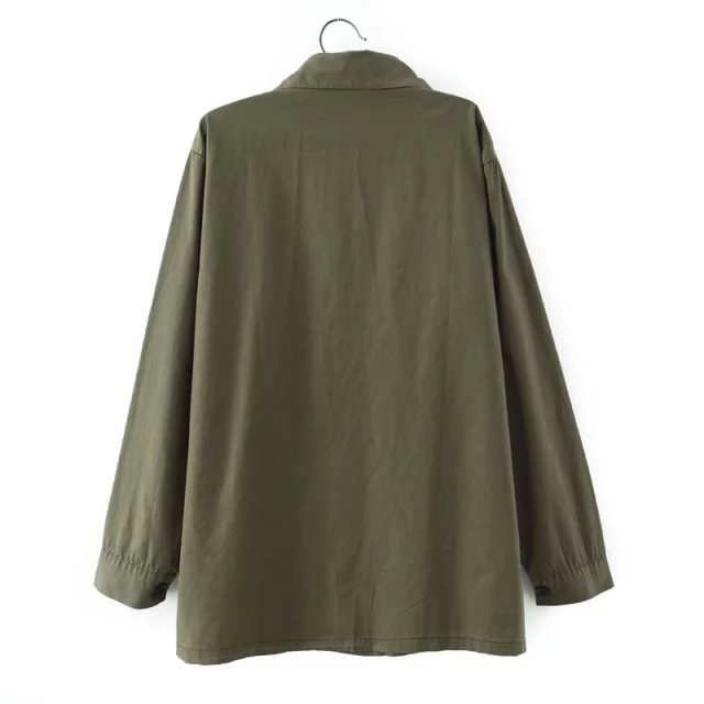 Fashion Women elegant winter long sleeve Army green blouse Turn-down Collar button pocket casual loose shirts female