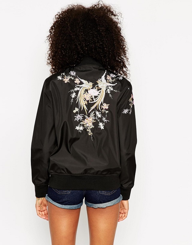 Fashion women embroidery birds black coat outwear zipper pockets Jacket long sleeve casual fitness brand designer tops