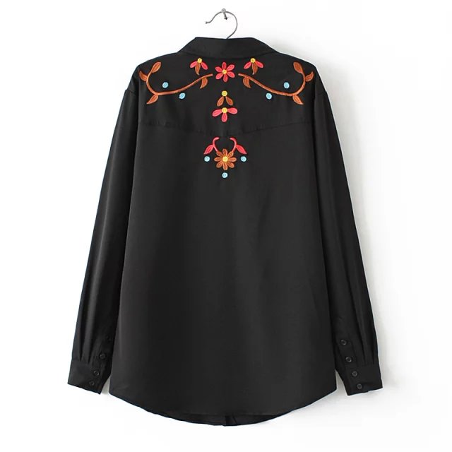 Fashion women floral embroidery black Blouse elegant casual button office shirts Turn-down collar long sleeve brand