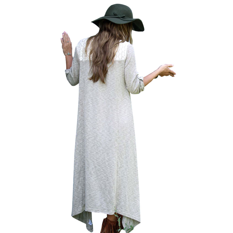 Fashion women gray lace patchwork Ankle-length Asymmetrical Dress button V-neck long sleeve plus size brand design