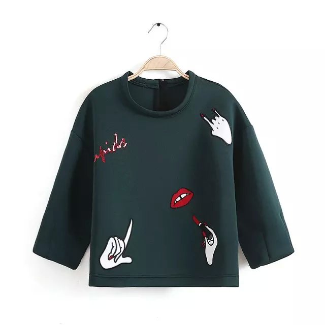Fashion Women Green Hand Lips Embroidery cotton pullover Three Quarter Sleeve hoodies sweatshirts Casual brand female
