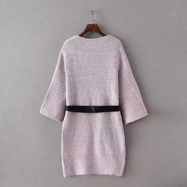Fashion Women Knitted purple Three Quarter Sleeve faux leather patwork pocket with belt sweater Cardigans Casual brand