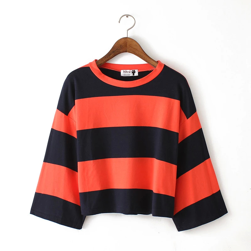 Fashion Women korean style striped print Flare sleeve O-neck short T-shirts loose Casual brand tops
