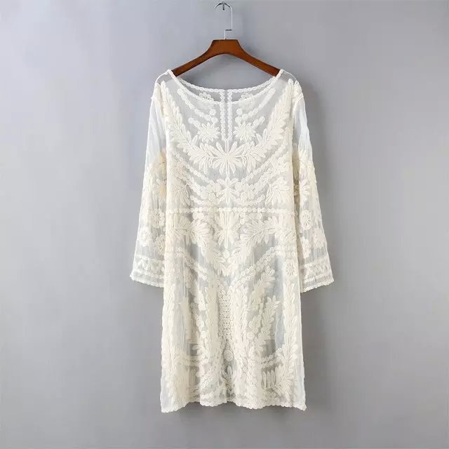 Fashion Women O Neck leaf floral pattern Lace Dress Thin see through sexy beach long sleeve casual loose brand vestidos